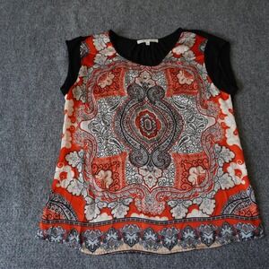 Daniel Rainn Paisley Print‎ Cap Sleeve Blouse Top Size S Orange Black